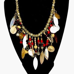 Chico's Necklace Mother of Pearl Beads Shells Charms Adjustable Boho